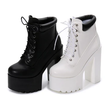 Женские рыцарские сапоги 14 см, женские удобные ботинки на платформе, женские ботильоны на шнуровке, повседневная обувь для вечеринок