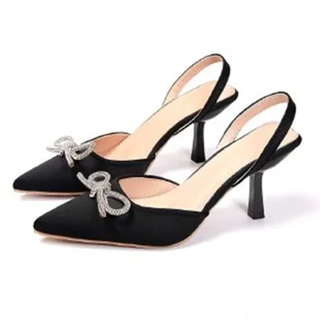 Женские туфли-лодочки, вечерние сандалии с острым носком, 2023, женские босоножки на низком тонком высоком каблуке, стразы, шлепанцы с узлами-бабочками, модная женская обувь