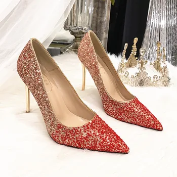 Женские туфли-лодочки на высоком каблуке с красными блестками, Свадебные туфли на высоком каблуке С острым носком, Женские Туфли-шпильки Для Невесты, Золотые туфли С кристаллами