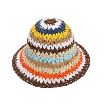 Женские элегантные соломенные шляпы в радужную полоску, летняя дышащая солнцезащитная пляжная кепка для бассейна, шляпа рыбака для отдыха на море