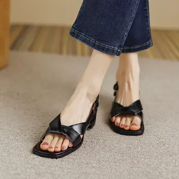 Женский Новый летний дизайн 2023 года с тонкими сандалиями, Римская женская обувь на маленьком толстом каблуке, Сандалии с пряжкой на плоской подошве