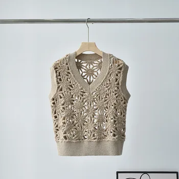 Женский свитер 2023, Осенний Новый Пуловер с V-образным вырезом и пайетками, вязаный жилет без рукавов
