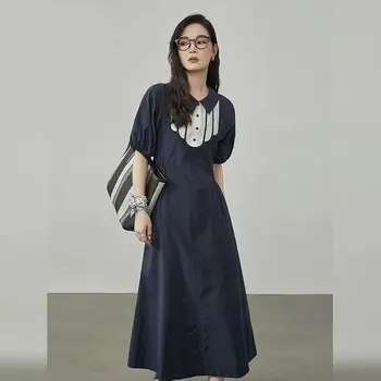 Женское летнее платье с воротником-поло, утягивающее талию, новое простое платье для поездок на работу, уникальный дизайн, приталенное длинное платье трапециевидной формы~