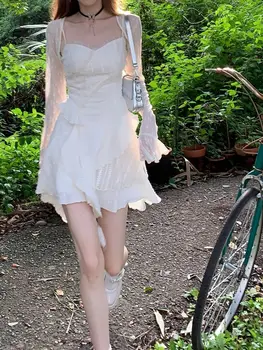 Женское мини-платье Y2k с однотонным ремешком, элегантное короткое вечернее платье без рукавов, повседневное цельнокроеное платье, Корейская мода 2023, лето