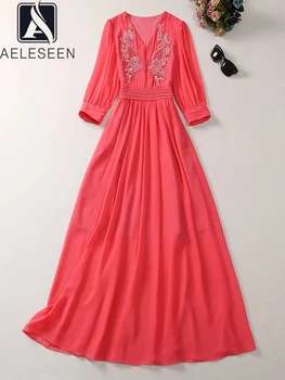 Женское осеннее платье AELESEEN, Модное для подиума, с V-образным вырезом, Винтажное, расшитое бисером и блестками, с цветочной Вышивкой, Длинное Элегантное Праздничное платье