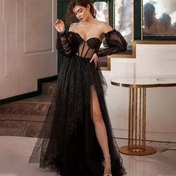 Женское ослепительное платье для выпускного вечера из тюля с блестками и съемными пышными длинными рукавами, сексуальное прозрачное черное вечернее платье с высоким разрезом