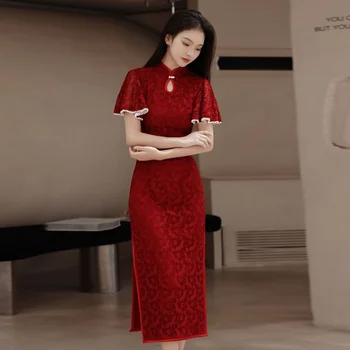 Женское платье Чонсам Модерн 2023, Китайское Традиционное Красное кружевное платье Чонсам Ципао, Винтажные женские платья для восточных свадебных вечеринок