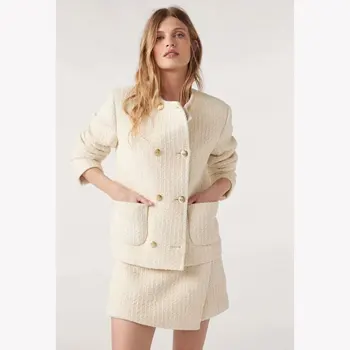 Женское элегантное короткое пальто с длинным рукавом, Новинка осени 2023, женская двубортная твидовая куртка с круглым вырезом