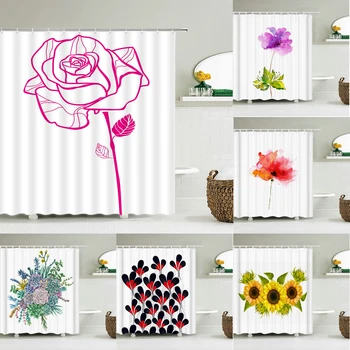 Занавеска для душа с цветочным рисунком, занавески для ванной комнаты из водонепроницаемой полиэстеровой ткани с розами и подсолнухом, декор для ванны с 12 крючками