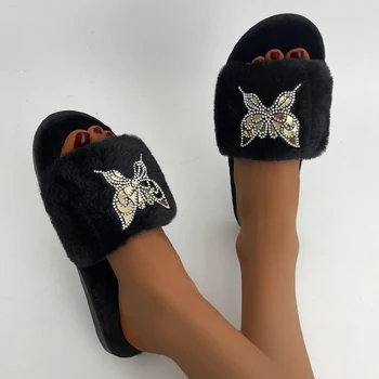 Зимние меховые Теплые женские туфли на плоской подошве, хлопковые тапочки на платформе с бабочками и кристаллами, Новинка 2023 года, дизайнерские домашние короткие повседневные шлепанцы
