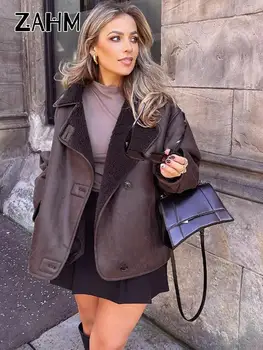 Зимняя утепленная женская куртка-бомбер в стиле ретро, модная куртка с отложным воротником из искусственного меха для женщин, элегантная однобортная верхняя одежда