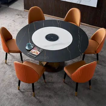 Импортированный обеденный стол из круглой каменной плиты со встроенным поворотным столом, кухонный стол высокого класса и четыре стула, мебель для дома из твердых частиц