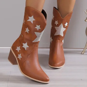 Ковбойские белые ботильоны для женщин 2023, модные ботинки в стиле вестерн для ковбоек, женская Повседневная дизайнерская обувь с острым носком и вышивкой