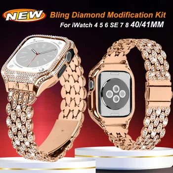 Комплект Модификации Bling Diamond Чехол + Ремешок Для Apple Watch Band 41 мм 40 мм Женский Модный Металлический Браслет Для iWatch SE 6 7 8 Чехол