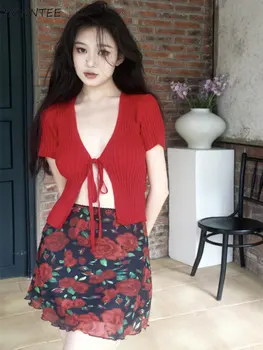 Комплекты из 2 предметов, женский сексуальный винтажный изящный популярный Новый кардиган, мини-юбки с принтом, Женские летние модные повседневные трусы в корейском стиле Ins