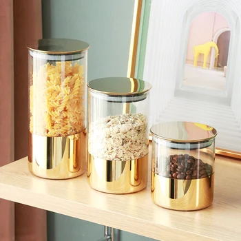 Контейнер для хранения кофейных зерен Золотой Стеклянный Герметичный контейнер Резервуар для хранения закусок Металлическая крышка Украшения для хранения на домашней кухне