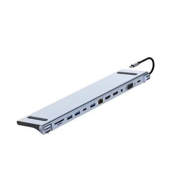 Концентратор USB C, адаптер USB C 12 в 1, VGA, совместимый с 4K HDMI, USB-C Thunderbolt, 3 гигабитных Ethernet, аудио SD / TF для MacBook
