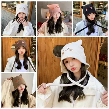 Корейская вышивка, милая женская шапка-бини с кошачьими ушками, шапка для защиты ушей для девочек, Зимняя теплая шапка-капор