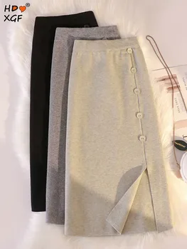 Корейская модная однобортная однотонная трикотажная юбка Осень-зима, эластичная юбка с разрезом трапециевидной формы с высокой талией, Женская повседневная юбка
