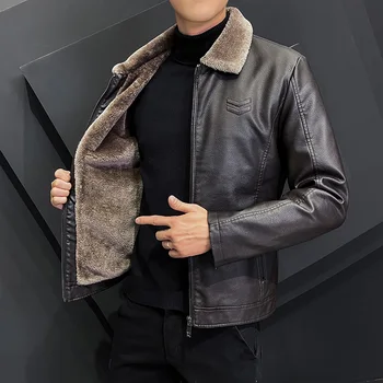 Корейская мужская зимняя модная флисовая меховая кожаная куртка с застежкой-молнией на лацкане и прямым подолом, формальные повседневные пальто, кожаная куртка-бомбер