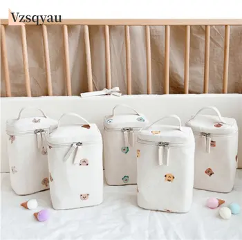 Корейская сумка для детских подгузников, холщовая сумка-холодильник с вышитым медведем, Термоизоляционная сумка для детского питания, сумка для мамы, сумка для пикника, сумка для переноски