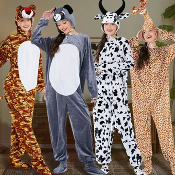 Косплей взрослого животного на Хэллоуин, потому что Жираф, Тигр, Корова, Медведь, Кукла, Сценический костюм Унисекс для Рождественской фестивальной вечеринки