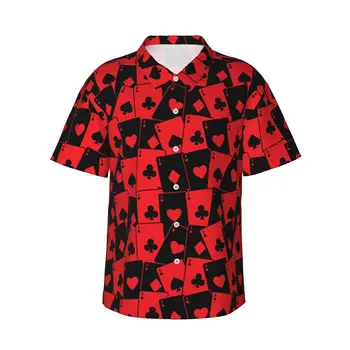 Красная карта для покера, мужские повседневные гавайские рубашки с коротким рукавом, пляжные рубашки на пуговицах, рубашки с тропическим цветочным рисунком.