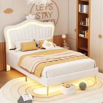 Кровать принцессы, полноразмерный каркас кровати со светодиодной подсветкой, современная мягкая кровать с изголовьем в виде короны, удобная для спальни