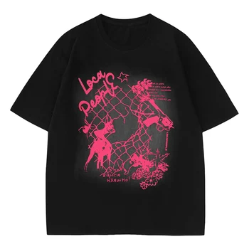 Кружевная футболка с мультяшным принтом 2023, Новые Простые Летние Повседневные Свободные футболки на открытом воздухе, Мужские И Женские топы в стиле Харадзюку, футболки