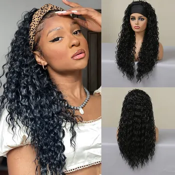 Кудрявая повязка на голову, синтетические парики, Черная Длинная Женская повязка на голову, парик с глубоководной волной, натуральные волосы для черных женщин, накладные волосы