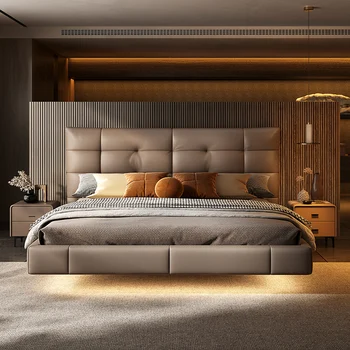 Легкая роскошная подвесная кожаная кровать в главной спальне итальянская минималистская двуспальная кровать