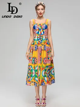 Летнее дизайнерское пляжное платье LD LINDA DELLA, женское богемное платье из чистого хлопка с завышенной талией и принтом в складку, приталенное платье
