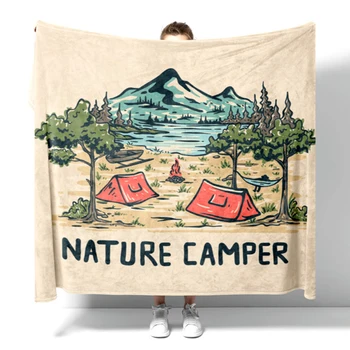 Летнее одеяло Happy Camp для спальни, кемпинга, путешествий, Фланелевое покрывало, легкие Теплые мягкие флисовые одеяла с мультяшным рисунком,