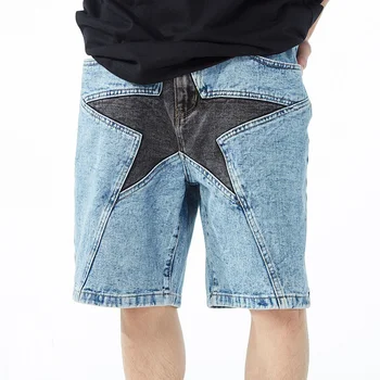 Летние джинсовые шорты мужские лоскутные хип хоп негабаритных ретро шить вышитые джинсы свободные