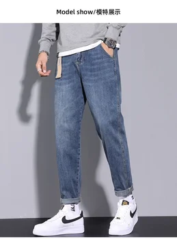 Летние мужские универсальные джинсы из тонкого денима свободного кроя с прямой трубкой, повседневные модные джинсы 2023, Новые брюки длиной в четверть длины, мужская одежда