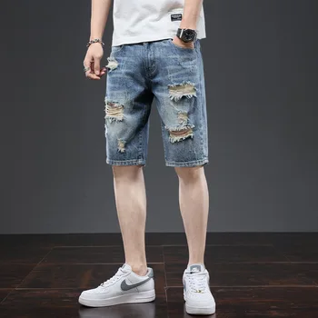 Летние Новые модные мужские джинсовые шорты с перфорацией 2023, тонкие Свободные мужские капри с прямым рукавом, мужские повседневные короткие брюки