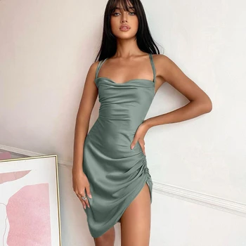 Летние сексуальные мини-платья для женщин 2023, модное плиссированное платье на завязках с открытой спиной, подвешенное платье для женщин, однотонные атласные платья