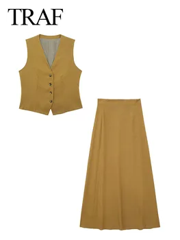 Летний женский модный жилет TRAF, однобортный, с V-образным вырезом, без рукавов + винтажный женский костюм с высокой талией, трапециевидные макси юбки на молнии