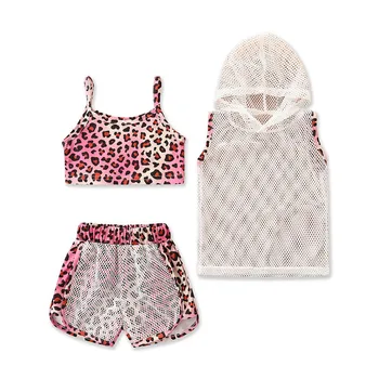 Летний комплект для девочек, жилет с леопардовым принтом + шорты + сетчатая толстовка, костюмы из 3 предметов для детей, одежда для девочек