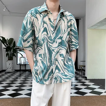 Летняя плиссированная рубашка, мужская модная рубашка из ледяного шелка, мужская Корейская свободная рубашка с короткими рукавами и принтом, Мужские рубашки с цветами M-2XL