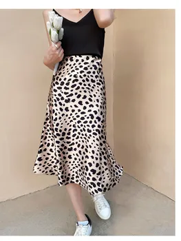 Летняя Повседневная юбка с леопардовым принтом, женская юбка трапециевидной формы с высокой талией, атласная юбка Миди, элегантная винтажная длинная юбка для женщин