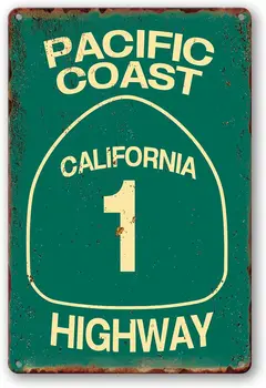 Металлическая жестяная вывеска Дорожные знаки Тихоокеанского побережья Калифорнийский декор Дорожный знак Эбби-стрит Жестяные вывески для серфинга Летний подарок для путешествий 12 X 8 дюймов