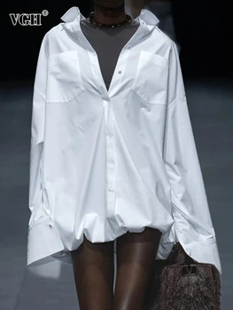 Минималистичная блузка VGH с однотонными карманами, с лацканами, длинным рукавом, нерегулярным подолом, с пуговицами в стиле пэчворк, Повседневная Свободная рубашка Женская
