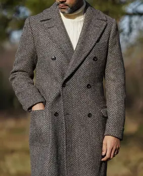 Модель Herrigbone Длинное пальто Мужские костюмы Рабочая одежда с лацканами на пуговицах Зима Теплая двубортная Плюс размер на заказ