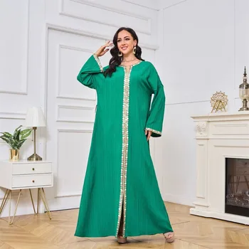 Модная мусульманская абайя из Дубая, однотонный подол с разрезом, длинный рукав, V-образный вырез, одежда с поясом, Элегантные марокканские платья