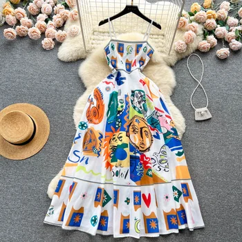 Модные бретельки, Длинное платье Миди с цветочным принтом, женское Длинное платье 2023, Летние пляжные платья трапециевидной формы с цветочным рисунком, женский элегантный сарафан для вечеринки
