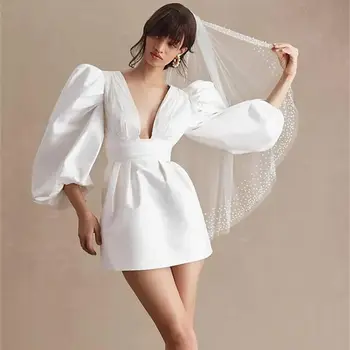 Модные короткие свадебные платья, Атласное Болеро с пышными рукавами и V-образным вырезом, Vestido De Novia, Летнее пляжное свадебное платье
