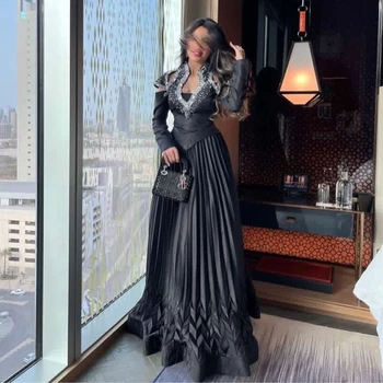 Модные черные платья трапециевидной формы в складку, Вечерние Дубайские платья с вырезом и длинными рукавами, украшенные бисером ручной работы, праздничные вечерние платья для выпускного вечера