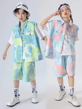 Модный детский костюм в стиле хип-хоп, одежда для девочек и мальчиков, свободный жилет, шорты, костюм с галстуком-красителем, наряды для джазовых танцев, одежда для сцены L10821