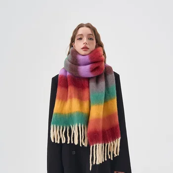 Модный разноцветный полосатый шарф из искусственного кашемира USPOP, Мягкая теплая толстая зимняя шаль